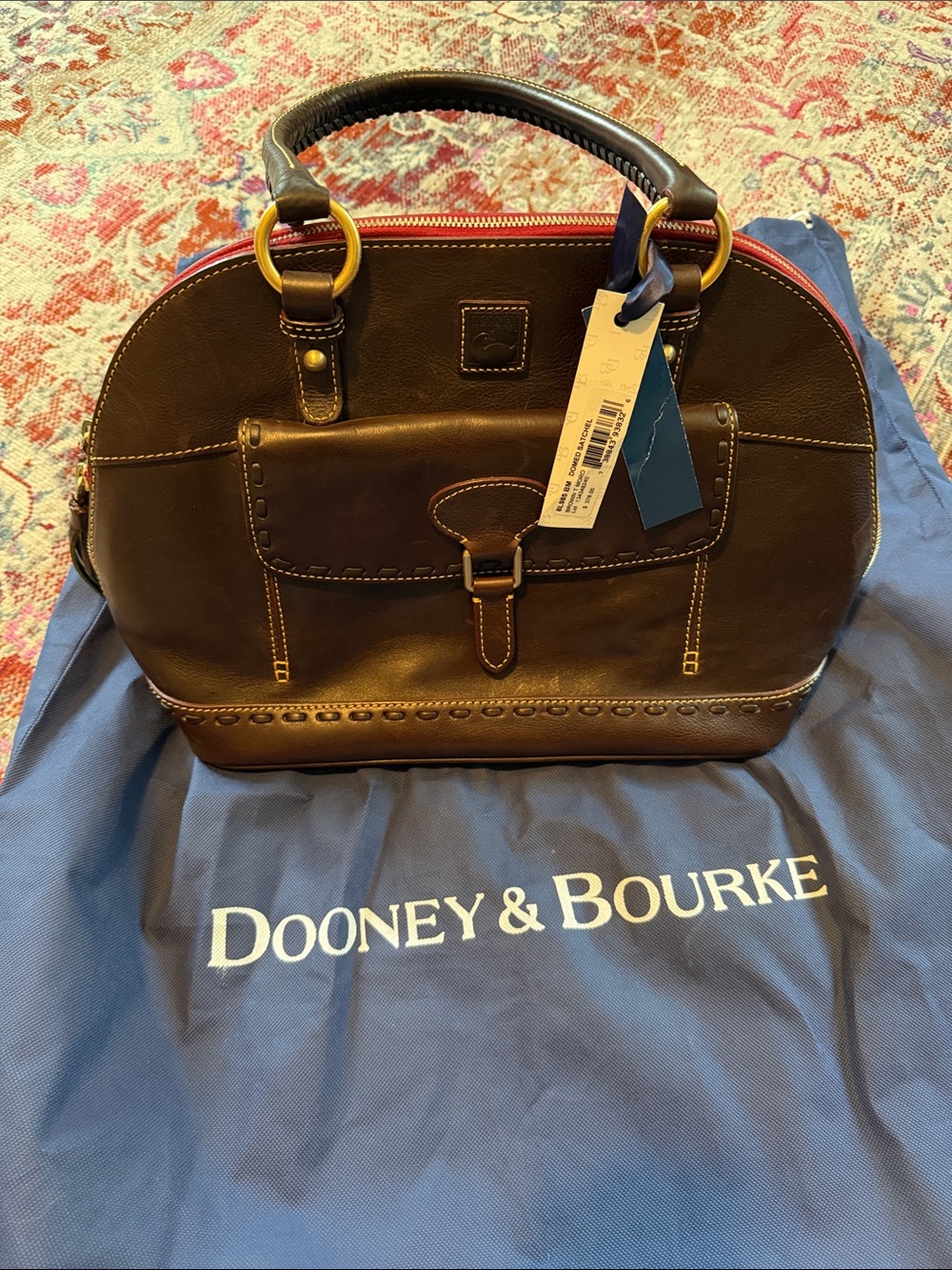 NWT Dooney & Bourke Dark Brown Leather Satchel with Red Trim